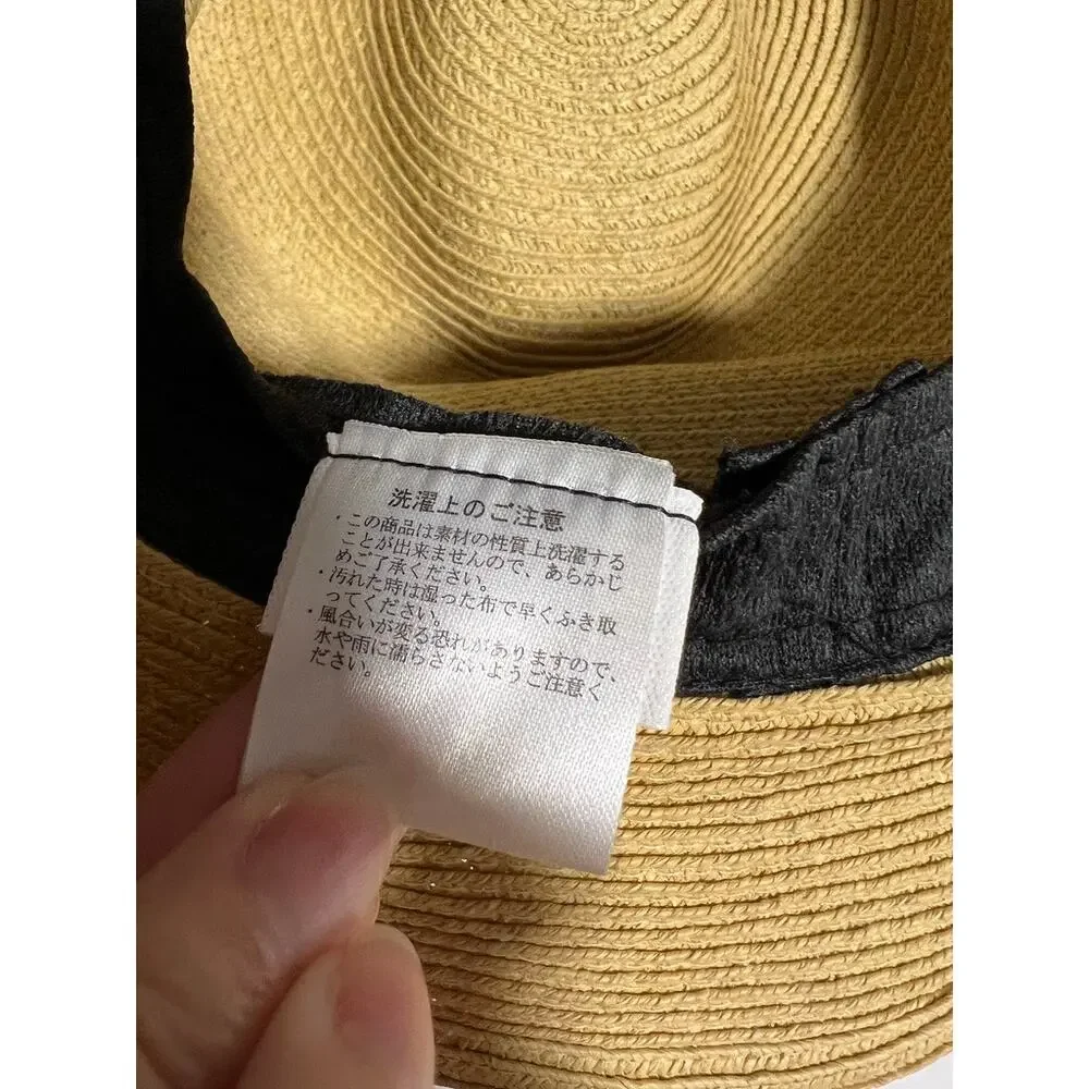 Milsa Straw Fedora Hat Tan Black Ribbon Bow 57.5cm Wide Brim Summer Sun Hat
